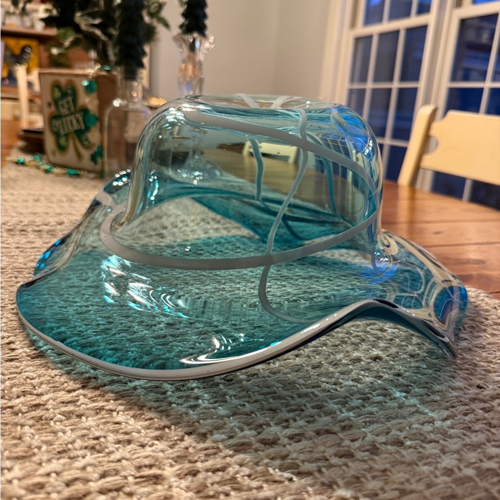 Handblown Aqua Blue Sombrero Freeform Abstract Art Glass Decorative Bowl - Picture 10 of 13